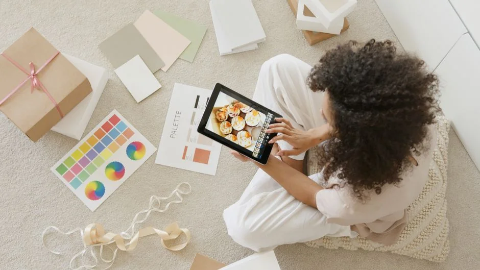 A tablet screen featuring images of minimalist decor emphasizing greenery and simple design.